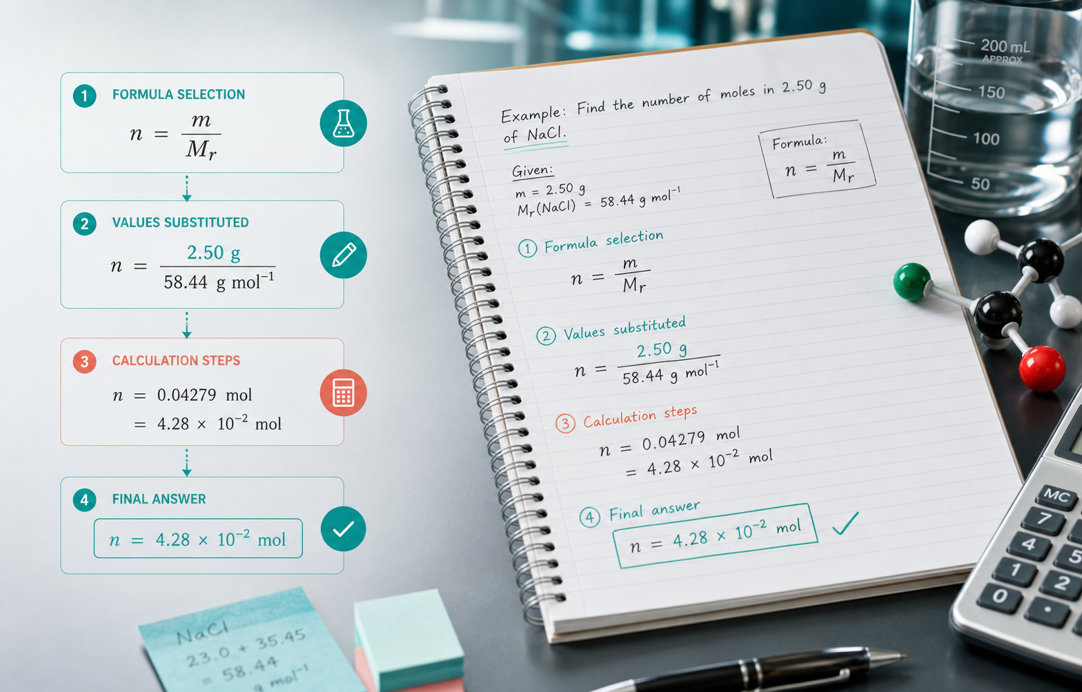 A chemistry notebook showing a numerical worked from formula to final answer.